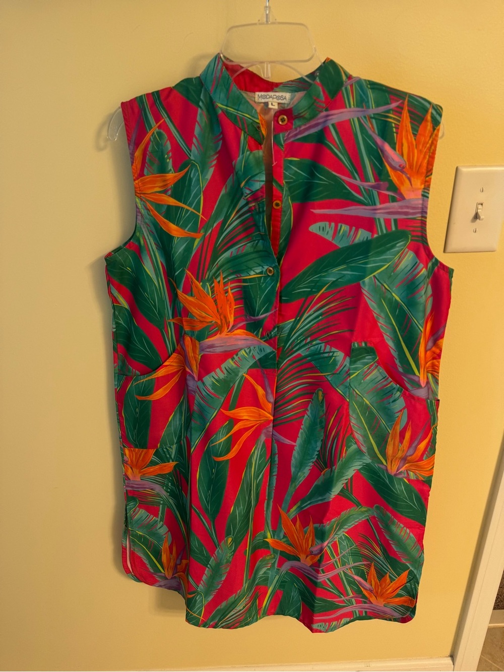 Modaposa  Sleeveless Tropical Print Shell Dress - Pink & Green